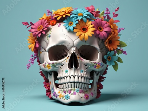 3D Illustration Of Skull Topped With Colorful Flowers.