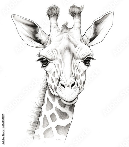 Detailed Ink Sketch of a Giraffe's Face with Expressive Eyes