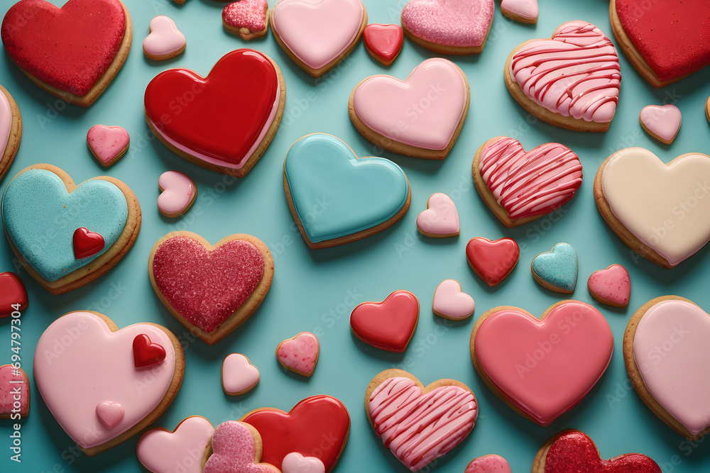 Heart shaped cookies. Delicious sweets for Valentine's Day, Women's Day, Mother's Day, Birthday & more. Generative AI.