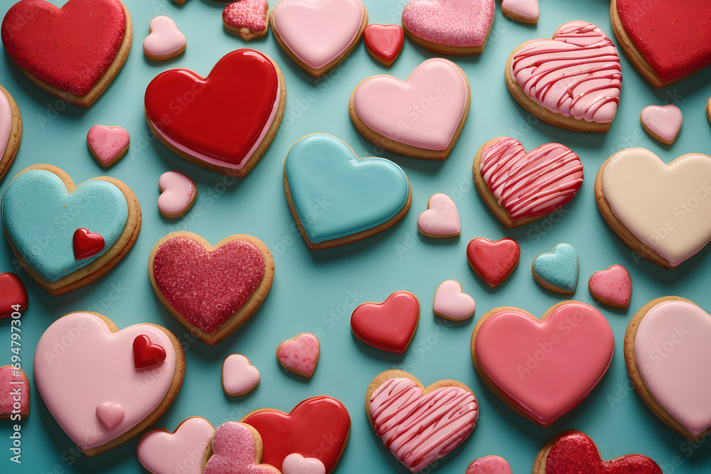 Heart shaped cookies. Delicious sweets for Valentine's Day, Women's Day, Mother's Day, Birthday & more. Generative AI. Heart shaped cookies. Delicious sweets for Valentine's Day, Women's Day, Mother's Day, Birthday & more. Generative AI.