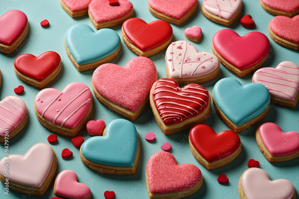 Heart shaped cookies. Delicious sweets for Valentine's Day, Women's Day, Mother's Day, Birthday & more. Generative AI. Heart shaped cookies. Delicious sweets for Valentine's Day, Women's Day, Mother's Day, Birthday & more. Generative AI.