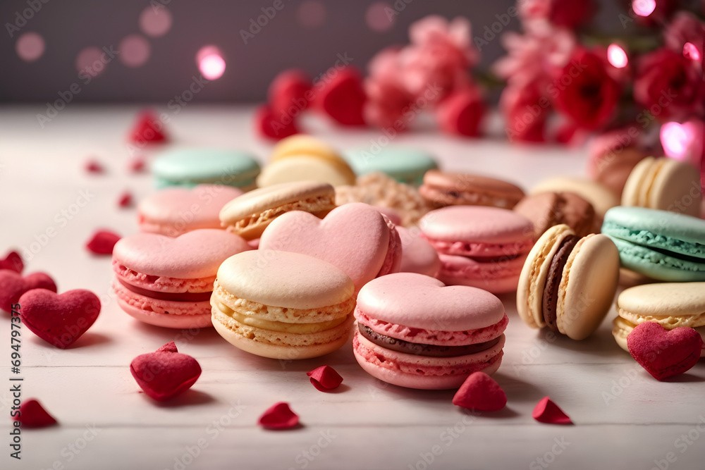 Obraz premium Colorful heart-shaped macaroons in the kitchen on the table. Delicious sweets for Valentine's Day, Women's Day, Mother's Day, Birthday & more. Generative AI.