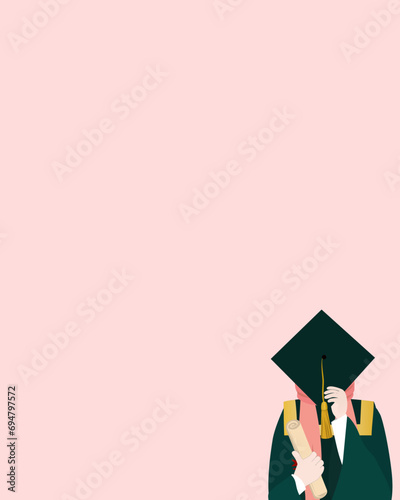 Hijab graduation vector illustration. Muslim girl graduate illustration covering her face with a graduation cap and holding her diploma in other hand, copy space photo
