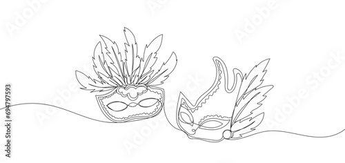 Carnival mask continuous line drawing. Festive two masks outline. Continuous one line drawing of Mardi Gras Carnival mask.