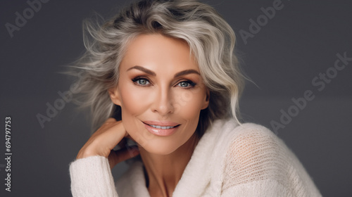 Studio portrait of beautiful natural middle aged woman. Smiling positive portrait of stylish blonde lady. AI generated.