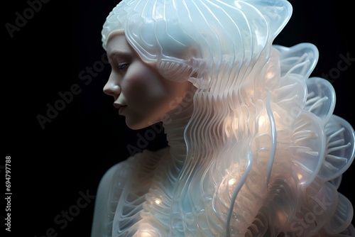 an andogynous woman wearing a organic futuristic combination, made of opalescent pearlescent white neon bioluminescent biomorphic holographic surface.  transhumanist industrial design. generative AI photo
