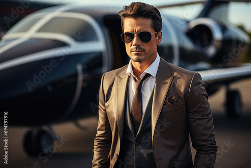 Portrait of confident pilot with private jet in background © Maksymiv Iurii