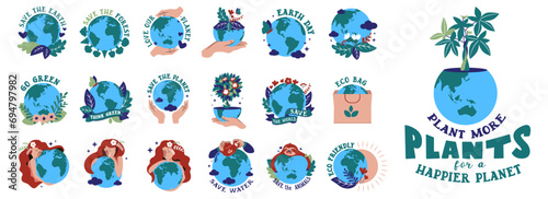 Big set of Nature stickers for save the planet design. Collection of ecology icons