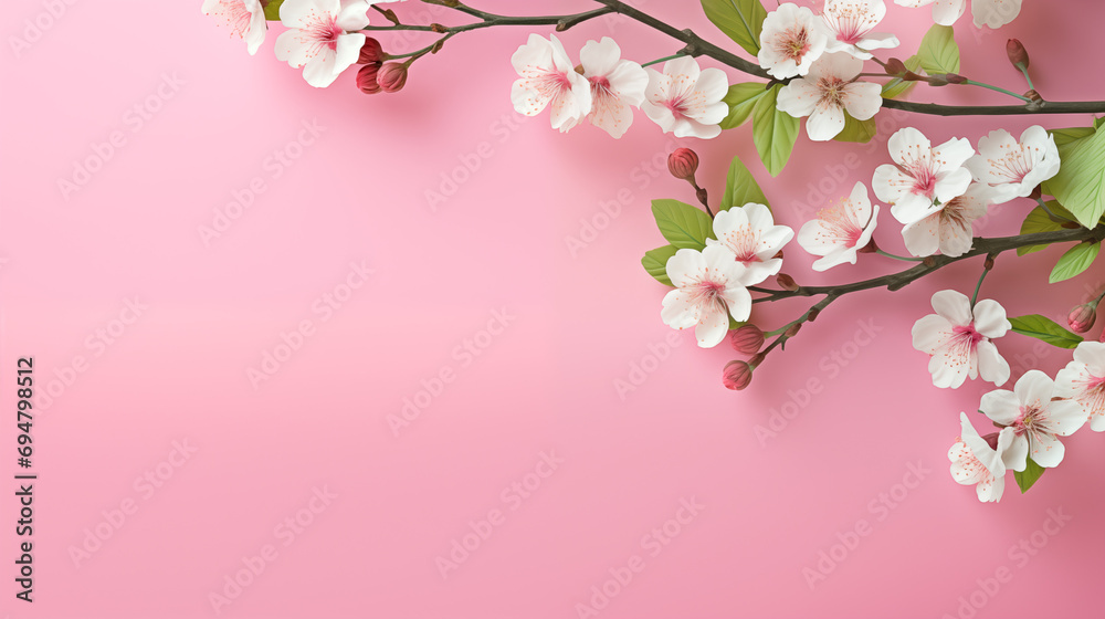 A sakura banner with green branches symbolizing life and hope, a pink background with copy space. April floral nature and spring sakura blossom on soft pink background. Banner for 8 march, Happy Easte