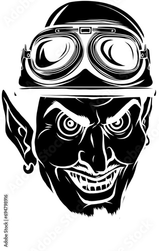 black silhouette of Devil or lucifer head with helmet vector illustration in vintage style isolated on white background