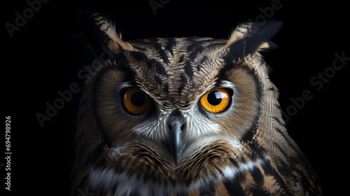 Captivating hyperrealistic photo capturing the soulful eyes of a wise owl, revealing its enigmatic nature.