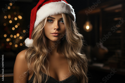 Portrait of happy modern woman with Santa hat in dress near Christmas tree