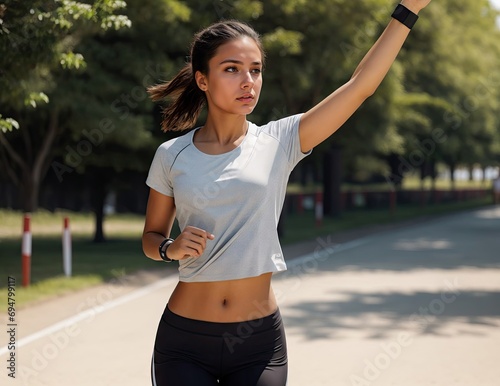 Girl jogging in shorts and a T-shirt, treadmill, summer. Athletic build. Generative AI.