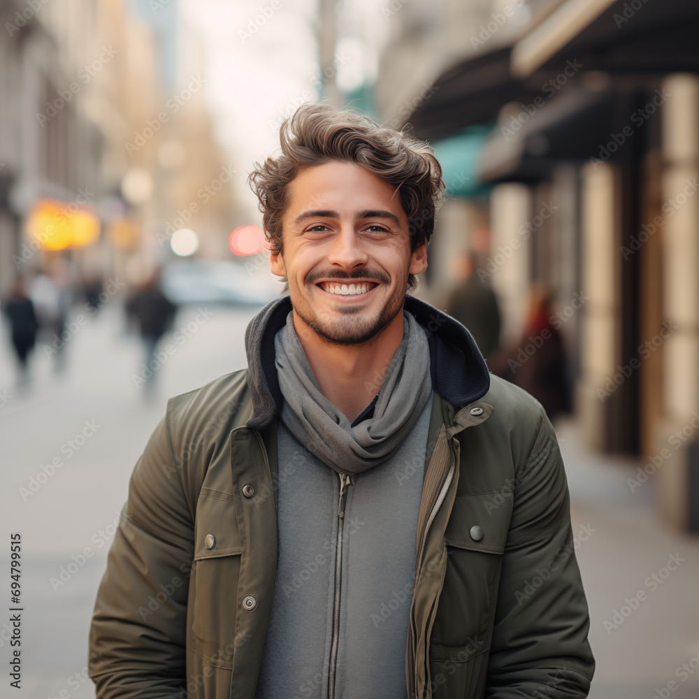 Squared portrait of an attractive smiling man standing on the street with the city background blurred behind him Squared portrait of an attractive smiling man standing on the street with the city background blurred behind him