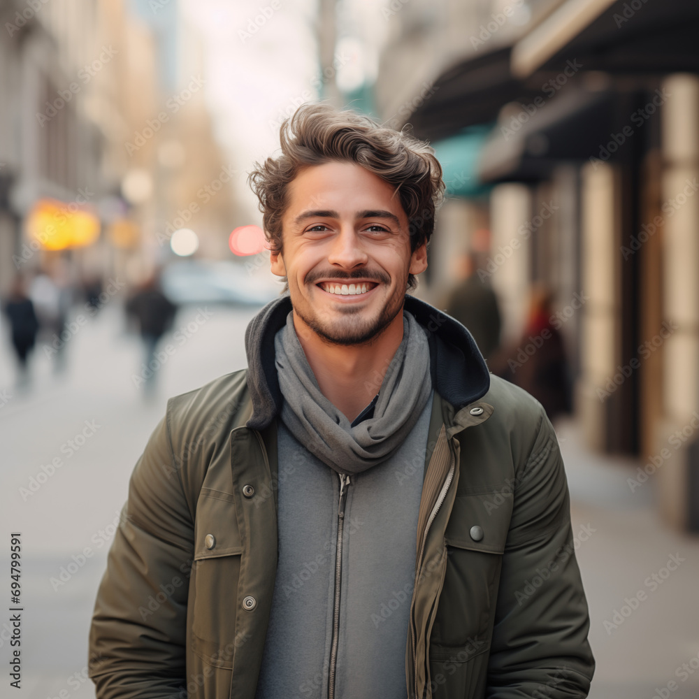 Squared portrait of an attractive smiling man standing on the street with the city background blurred behind him Squared portrait of an attractive smiling man standing on the street with the city background blurred behind him