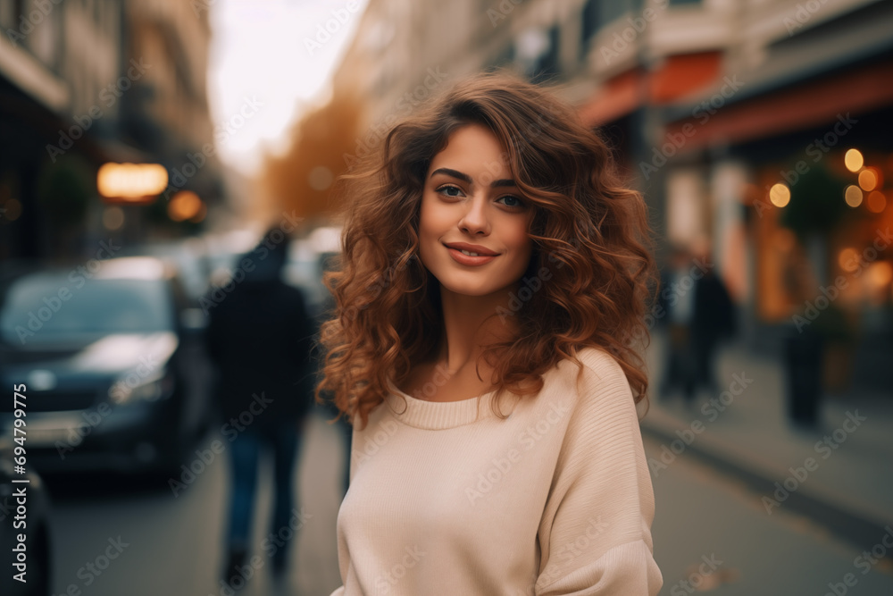 Portrait of an attractive smiling woman standing on the street with the city background blurred behind him