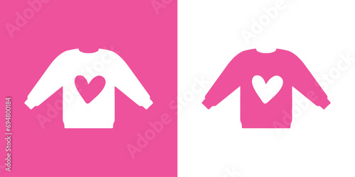 Tiempo de invierno. Logo con silueta de suéter de manga larga con corazón en espacio negativo color rosa