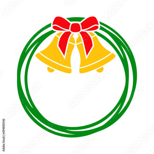 Tiempo de Navidad. Logo campana de boda. Icono con marco circular con líneas con campana de navidad con lazo para su uso en felicitaciones y tarjetas