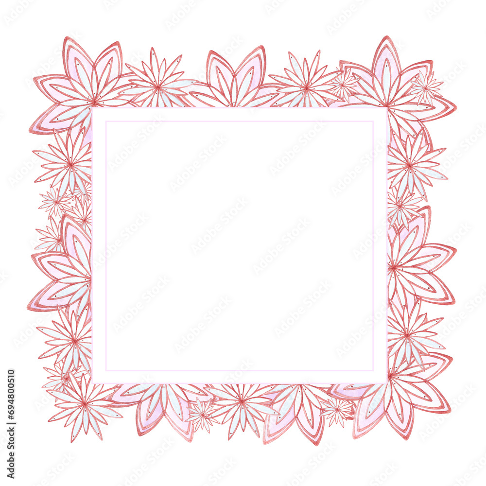 Hand drawn watercolor beautiful snow flakes frame border isolated on white background. Can be used for cards, labels, banner and other printed products.