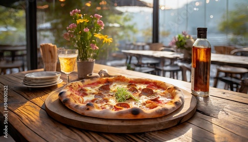 Delightful scene featuring a delicious pizza set on a restaurant table