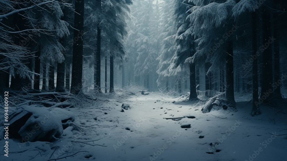 Naklejka premium Experience the tranquility of a winter forest adorned with softly falling snow, expertly photographed with an HD camera for a realistic and atmospheric image