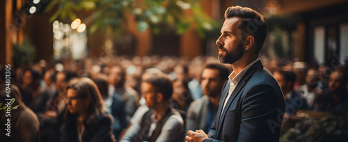 a man giving a presentation at a business lecture meeting.Speaker giving a talk on corporate business conference. Unrecognizable people in audience at conference hall. Business and Entrepreneurship.Ai photo