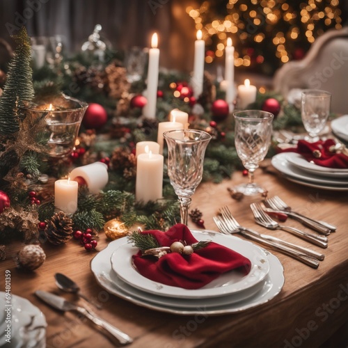 A festive Christmas table with decorations, plates, candles, and glasses—a perfect setup for a joyous dinner on Christmas and New Year's