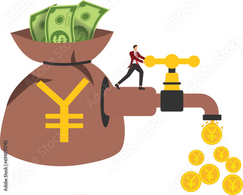 Turning on the tap Yen, Businessman turning on or turning off the tap with a drop of dollar sign currency