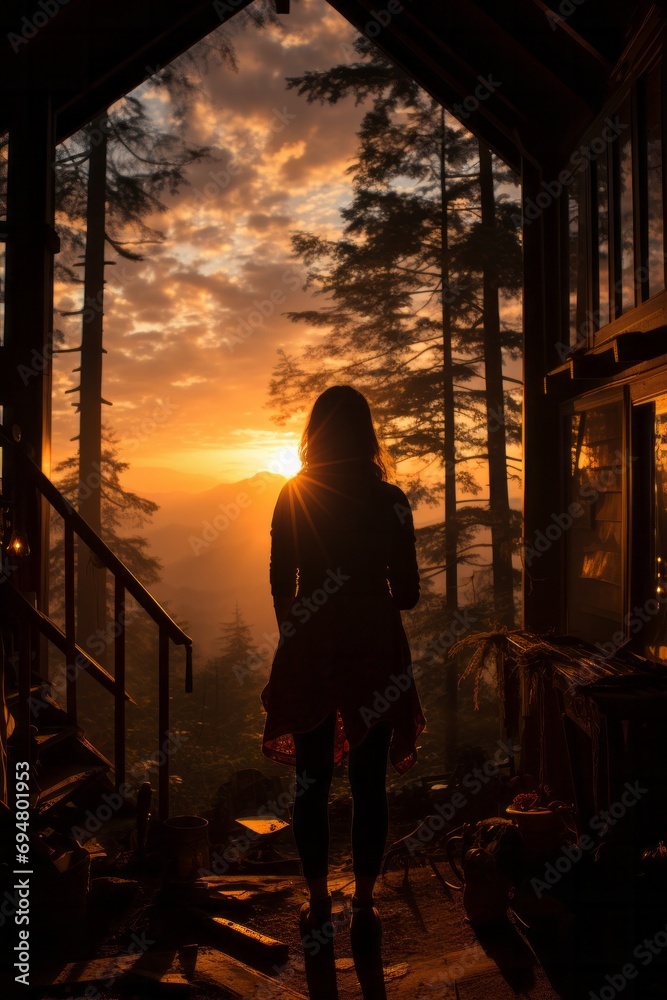 Fototapeta premium Woman's silhouette in the embrace of the sun's rays in a tranquil cabin setting, Generative AI