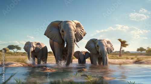 A family of elephants splashing and playing in a crystal-clear, computer-generated watering hole. photo