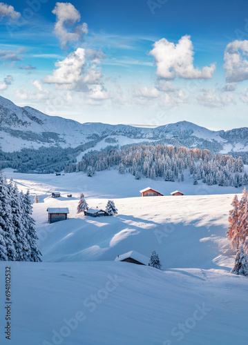 Obraz na płótnie Christmas postcard. Snowy hills of Alpe di Siusi ski resort. Frosty winter landscape of Dolomite Alps, Italy, Europe. Perfect outdoor scene of Italian countryside. Beauty of nature concept background. w salonie