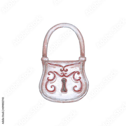 Hand drawn watercolor vintage lock. Baroque illustration isolated on white background. Can be used for cards, label and other printed products.
