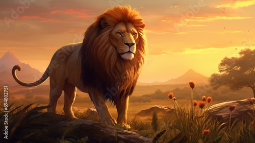 A majestic lion roaming through a lush digital savannah landscape, bathed in the warm hues of the setting sun.