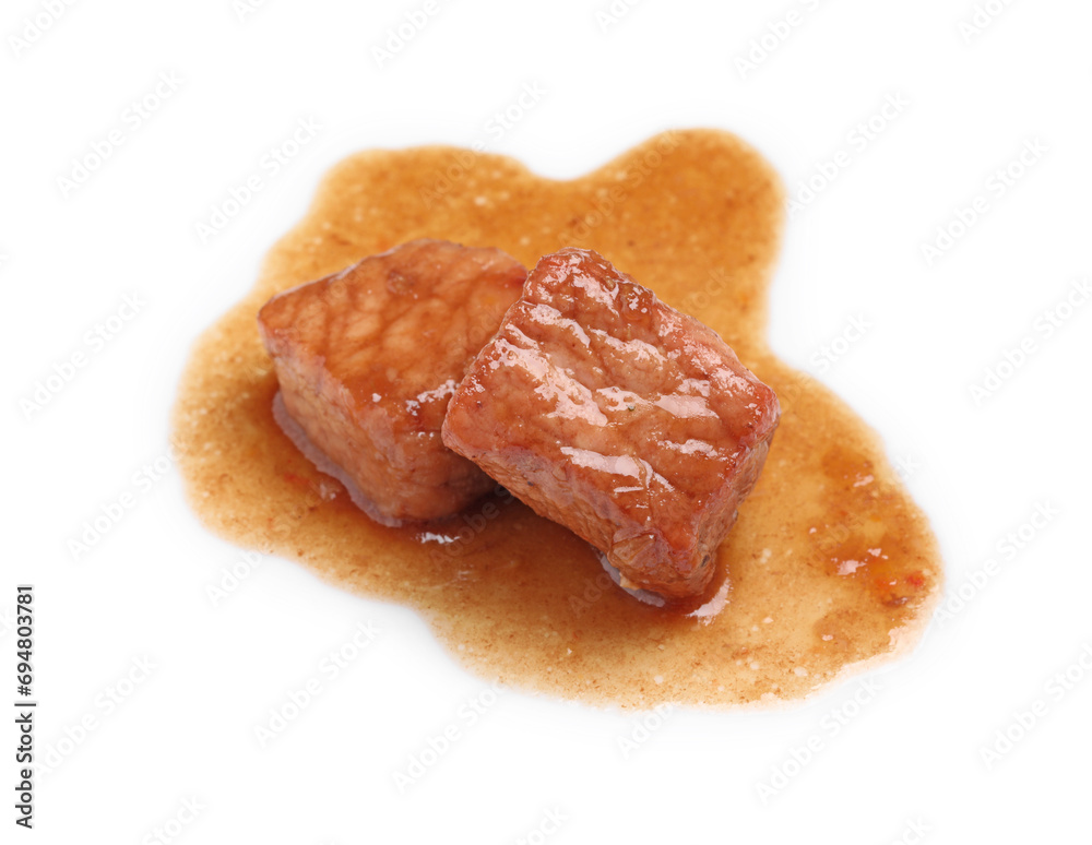 Pieces of delicious cooked beef isolated on white. Tasty goulash Pieces of delicious cooked beef isolated on white. Tasty goulash