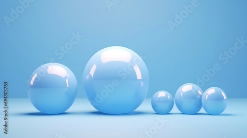3D blue spheres of different sizes and transparency. Pastel colour pallet. Abstractive background. Generative AI