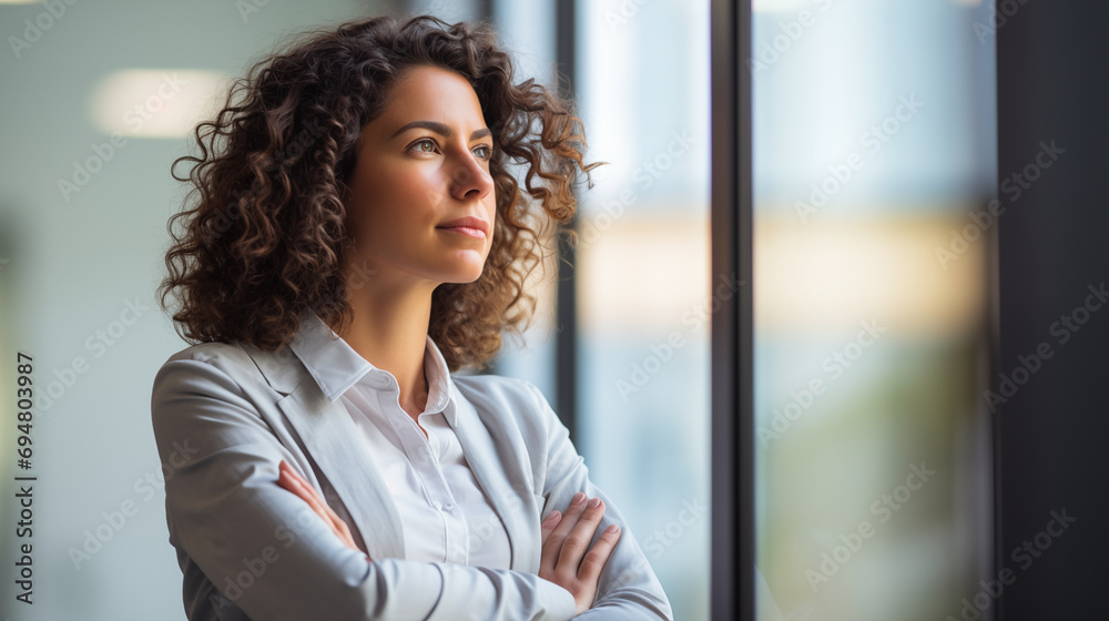 A female CEO looking out the window of her office, deep in thought, Business woman, Women day, blurred background, with copy space A female CEO looking out the window of her office, deep in thought, Business woman, Women day, blurred background, with copy space