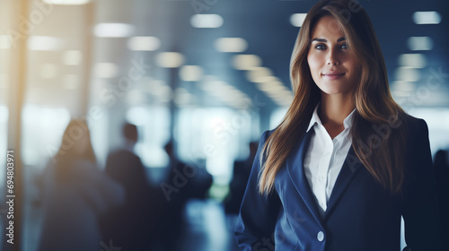 A businesswoman in a power suit negotiating a deal in a boardroom, Business woman, Women day, blurred background, with copy space photo