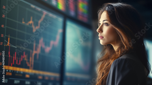 A woman in finance analyzing stock market trends, Business woman, Women day, blurred background, with copy space