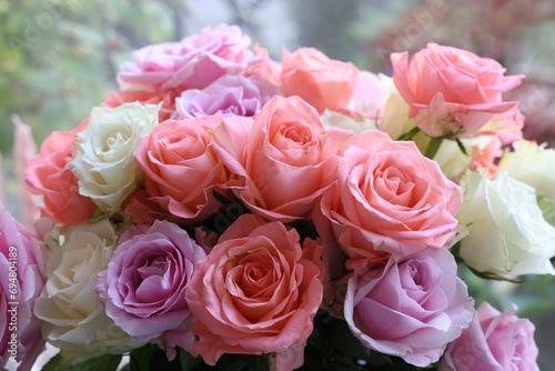 Beautiful bouquet of aromatic roses outdoors, closeup