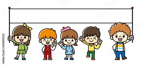 Clip art of cheerful children holding a message board