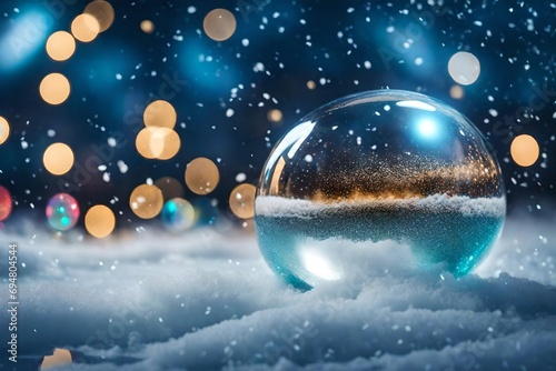 transparent christmas spheres on an empty snowy surface with a defocused bokeh background