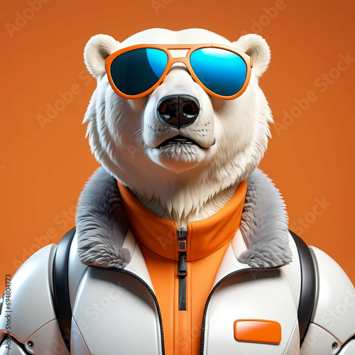 Polar bear in the orange jacket and sunglasses, AI generated
