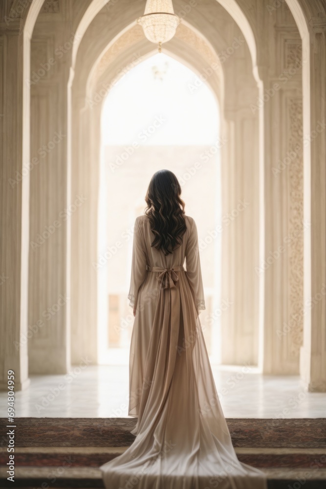 Rear view of a slender woman wearing a long dress against the background of a mosque, a beautiful building.