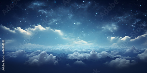 The sky is blue with clouds and the moon in the background, Stunning panoramic view of starry night sky with Milky Way, A blue sky with clouds and stars in the sky, generative AI