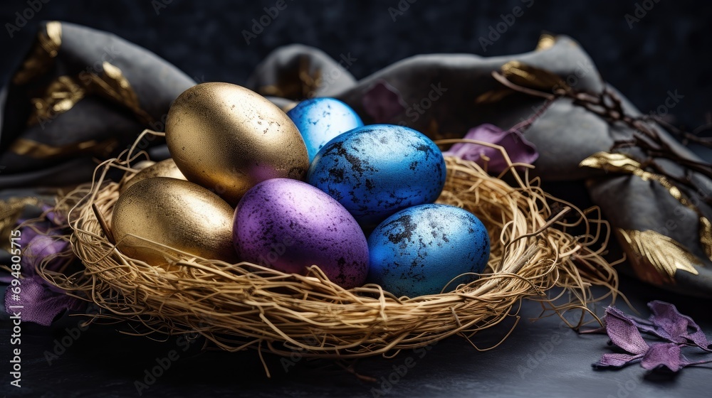 Our image showcases Easter eggs in a nest on a rustic wooden background, creating a festive holiday scene. Our image showcases Easter eggs in a nest on a rustic wooden background, creating a festive holiday scene.