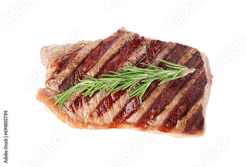 Delicious grilled beef steak with rosemary isolated on white, top view