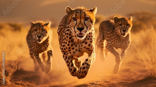 Cheetahs sprinting across a meticulously designed savannah, capturing the sheer speed and grace of these magnificent predators.