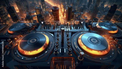 future style music dj turntables and audio control with cyberpunk city skyline photo