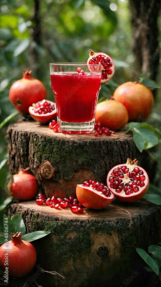 A Refreshing Glass of Pomegranate on a Rustic Tree Stump A Refreshing Glass of Pomegranate on a Rustic Tree Stump