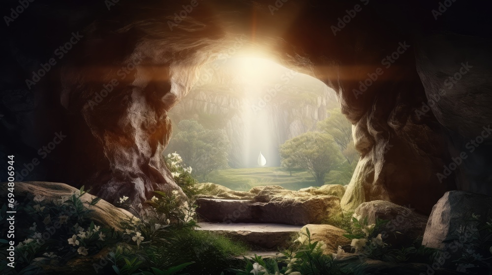 Sacred sunrise! Our image illustrates the Resurrection, featuring a light-filled empty tomb, crucifixion, and divine sunrise - obrazy, fototapety, plakaty 